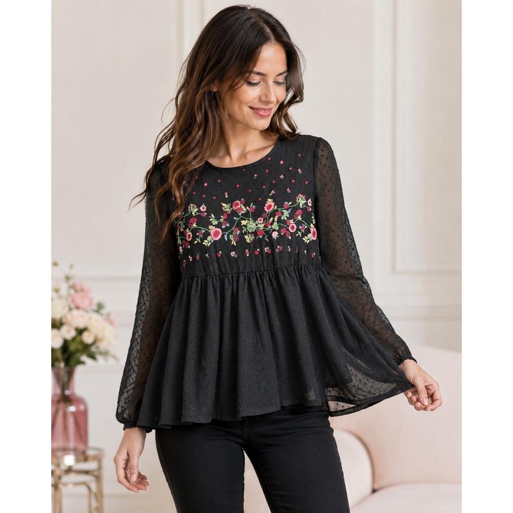 Jasmine & Juliana Peplum Blouse Womens Large Black Floral Swiss Dot Long Sleeve